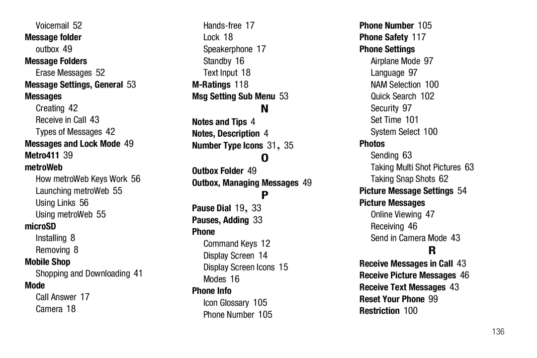 Samsung GH68-25489A Message Folders, Message Settings, General Messages, Messages and Lock Mode 49 Metro411 MetroWeb 