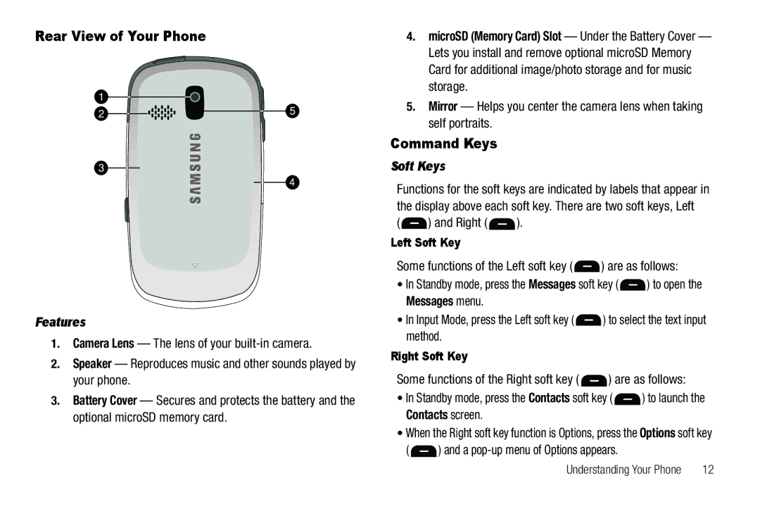 Samsung GH68-25489A user manual Rear View of Your Phone, Command Keys, Soft Keys, Right, A pop-up menu of Options appears 