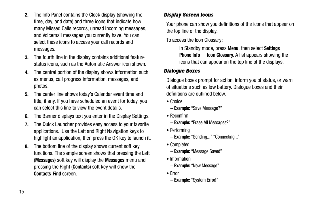 Samsung GH68-25489A user manual Display Screen Icons, Dialogue Boxes 