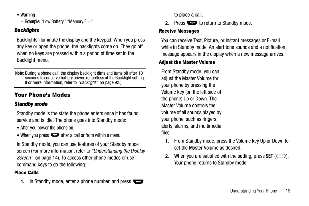 Samsung GH68-25489A user manual Your Phone’s Modes, Example Low Battery, Memory Full, Backlights, Standby mode 