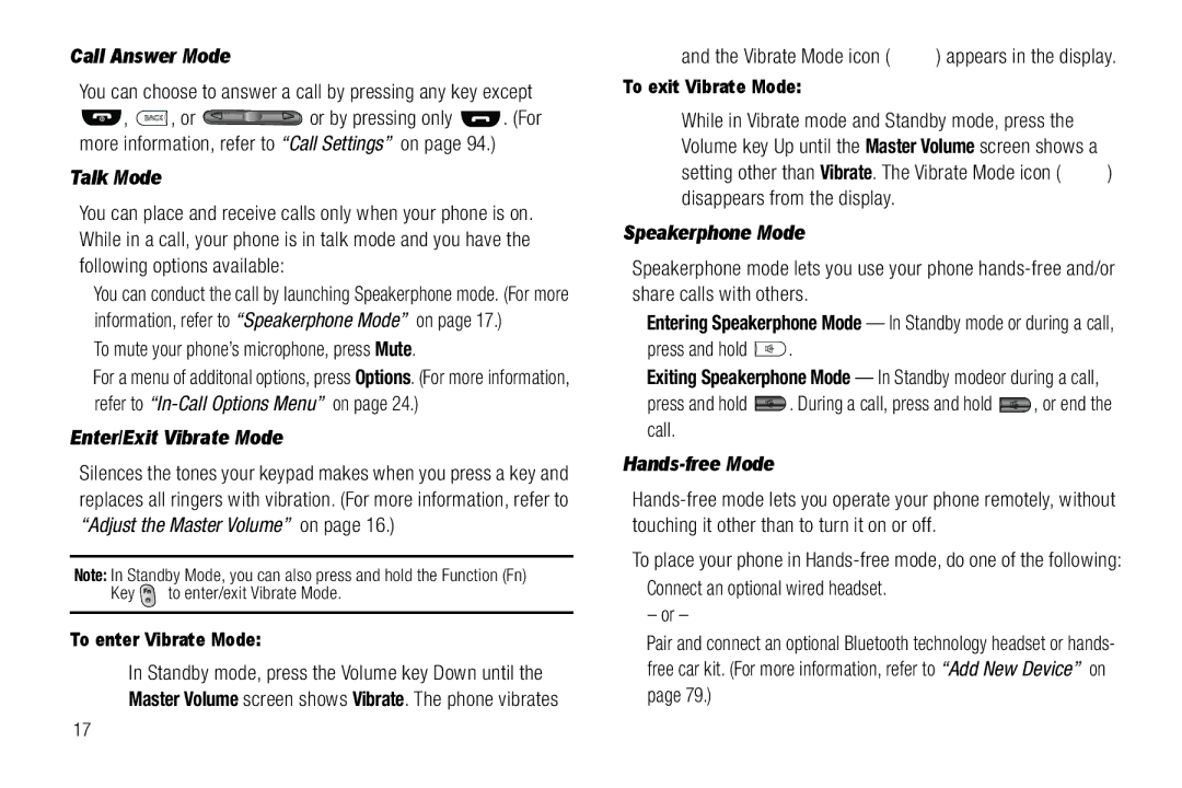 Samsung GH68-25489A user manual Call Answer Mode, Talk Mode, Enter/Exit Vibrate Mode, Speakerphone Mode, Hands-free Mode 