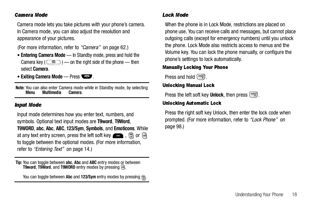 Samsung GH68-25489A user manual Exiting Camera Mode Press, Input Mode, Lock Mode 