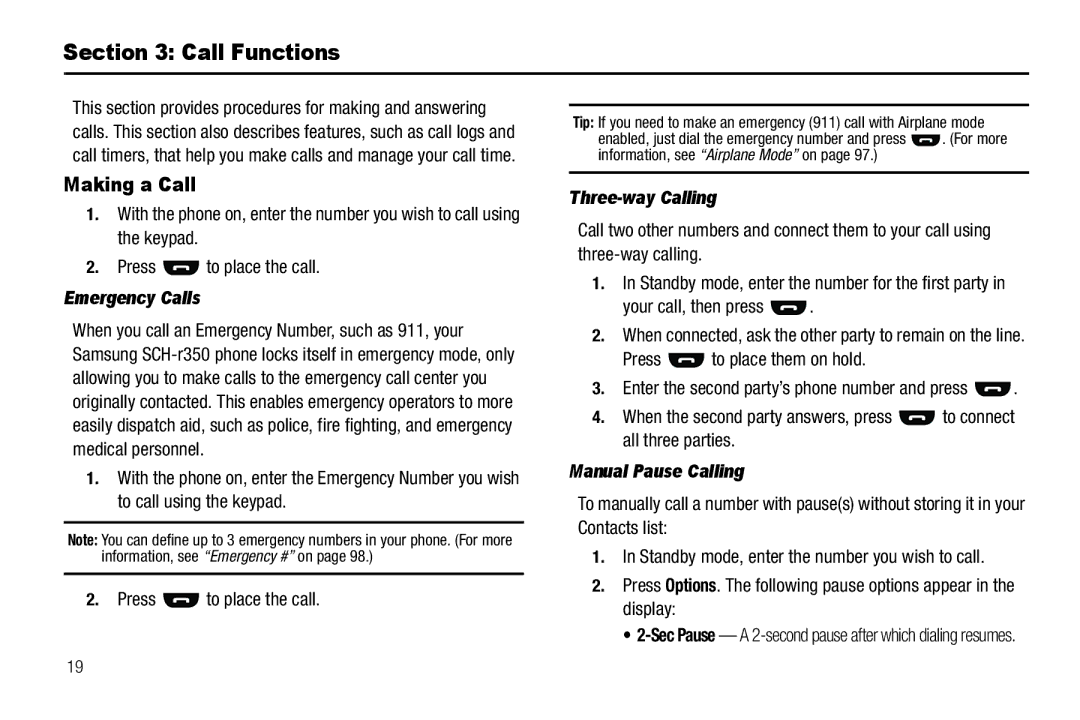 Samsung GH68-25489A user manual Call Functions, Making a Call, Emergency Calls, Three-way Calling, Manual Pause Calling 