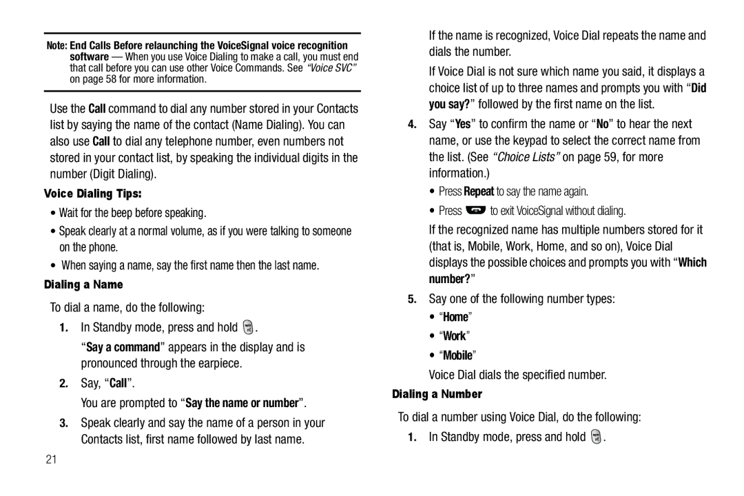 Samsung GH68-25489A user manual Say, Call You are prompted to Say the name or number, Say one of the following number types 