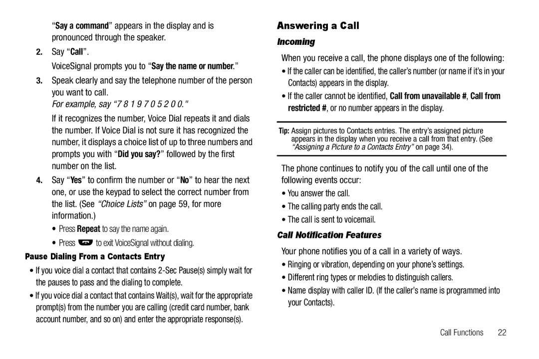 Samsung GH68-25489A Answering a Call, Say Call, Incoming, Call Notification Features, Pause Dialing From a Contacts Entry 