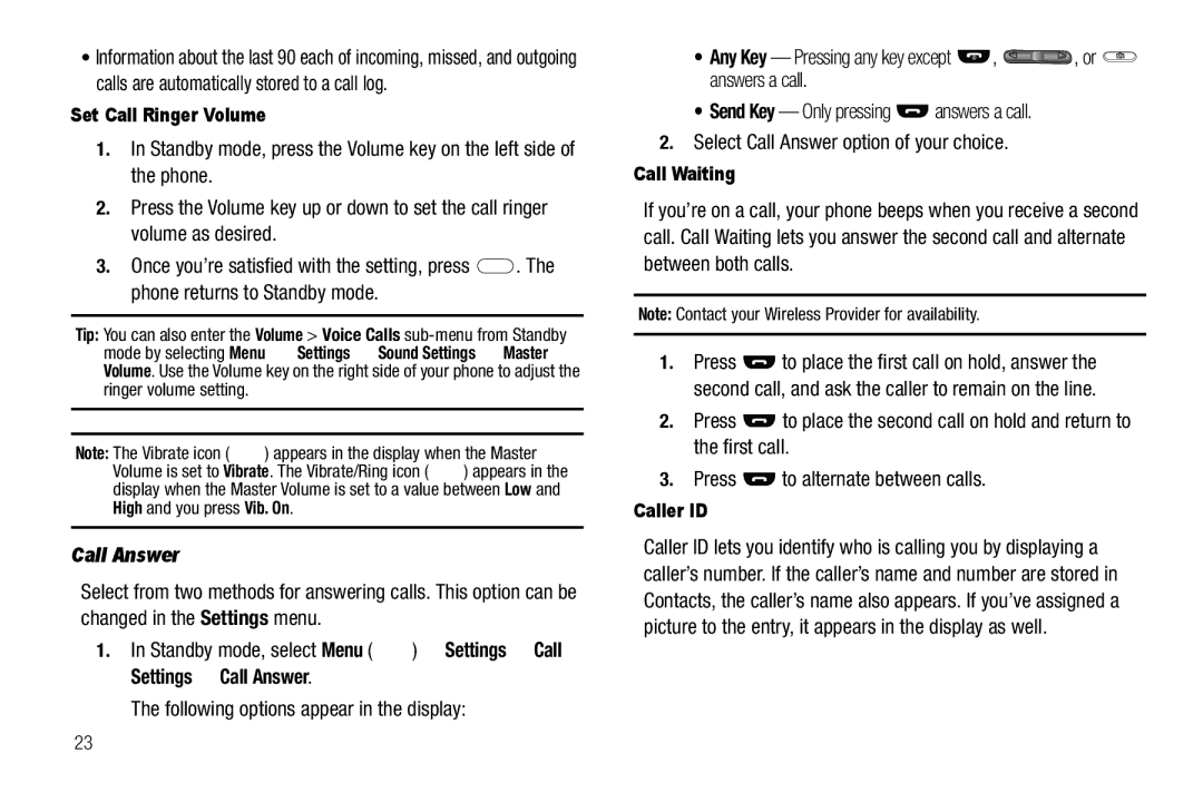 Samsung GH68-25489A user manual Call Answer, Set Call Ringer Volume, Call Waiting, Caller ID 