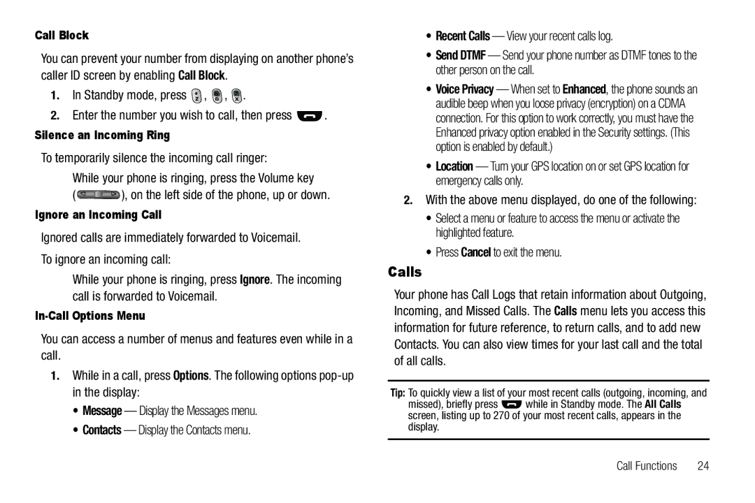 Samsung GH68-25489A user manual Calls, Press Cancel to exit the menu 