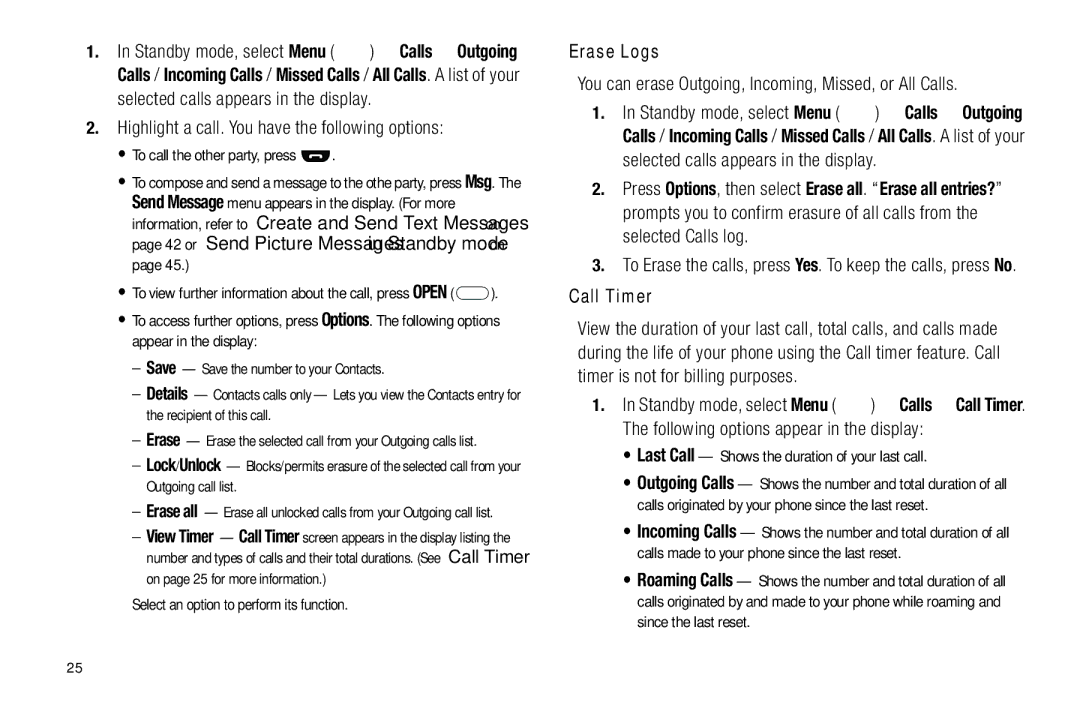 Samsung GH68-25489A user manual Erase Logs, Call Timer 