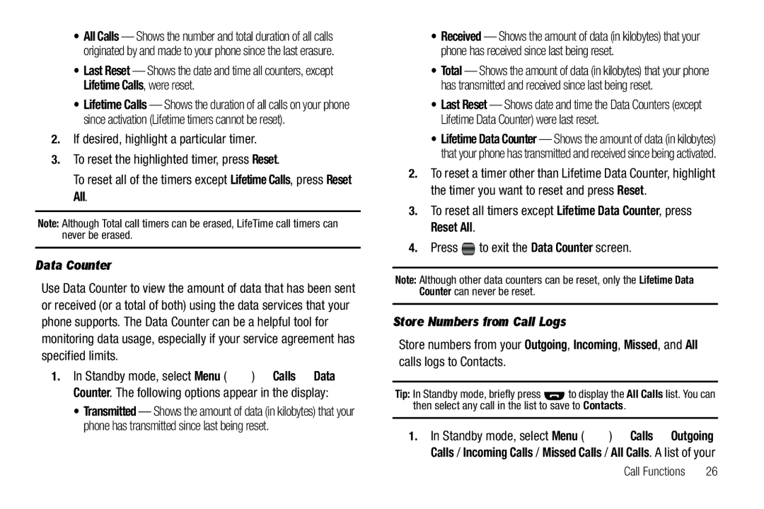 Samsung GH68-25489A user manual Press to exit the Data Counter screen, Store Numbers from Call Logs 