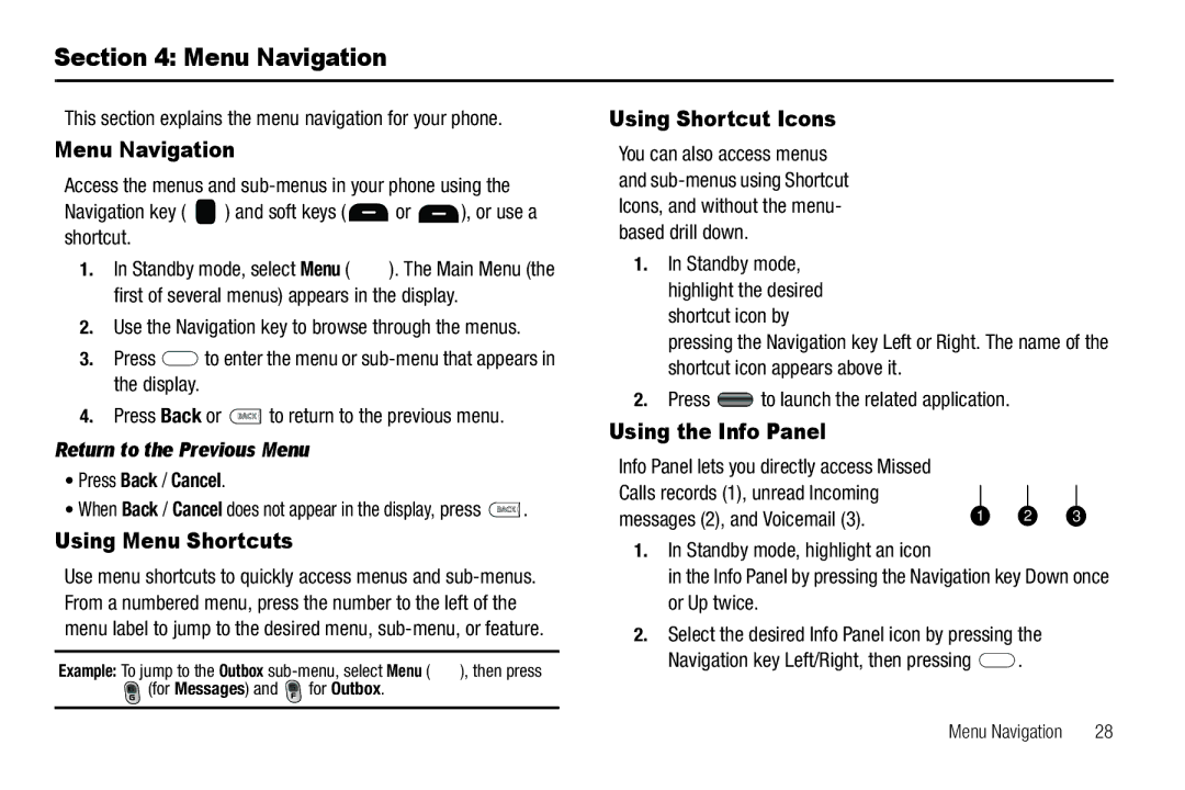 Samsung GH68-25489A user manual Menu Navigation, Using Menu Shortcuts, Using Shortcut Icons, Using the Info Panel 