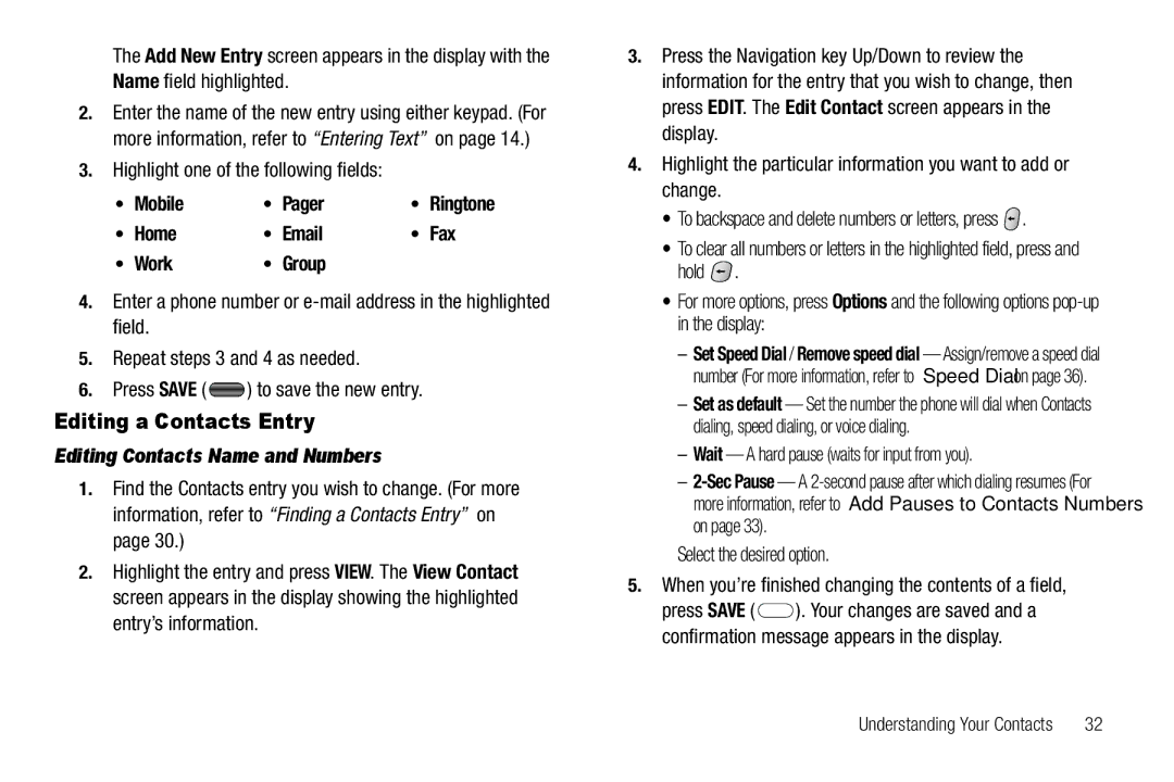 Samsung GH68-25489A Editing a Contacts Entry, Mobile Pager, Home Fax Work Group, Editing Contacts Name and Numbers 