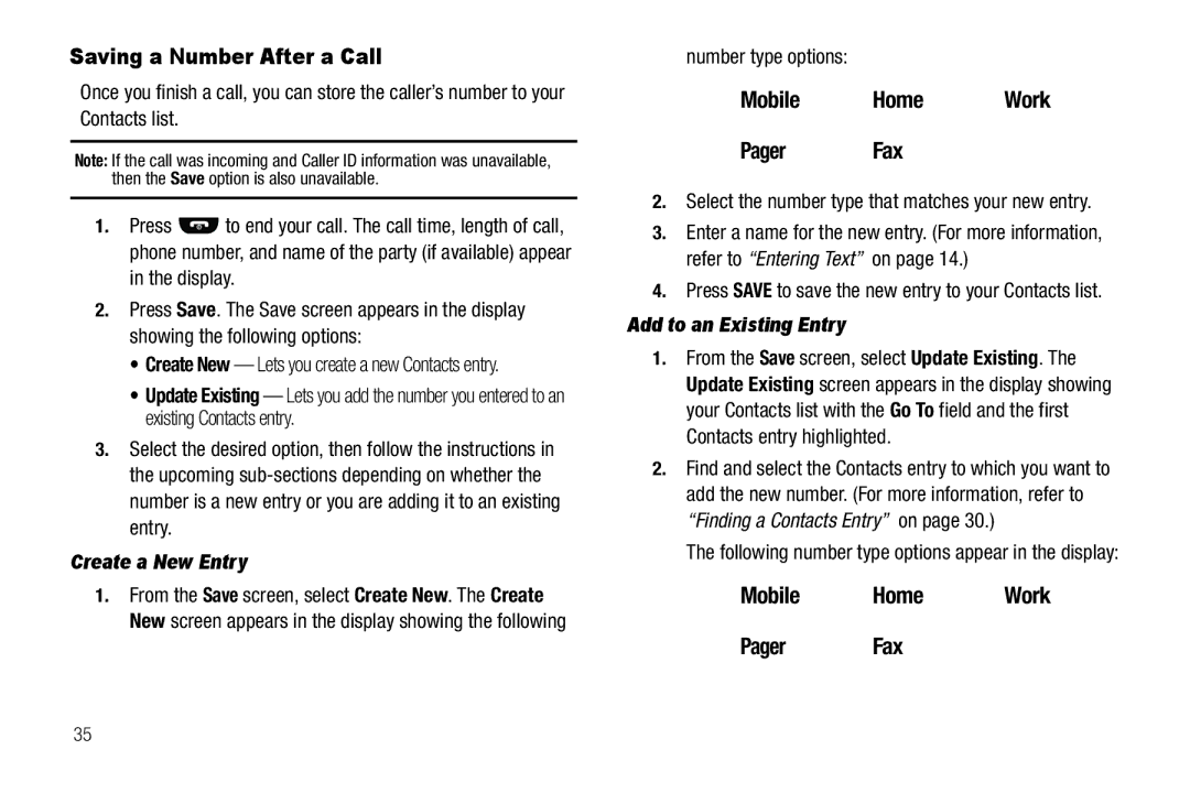 Samsung GH68-25489A Saving a Number After a Call, Create a New Entry, Number type options, Add to an Existing Entry 