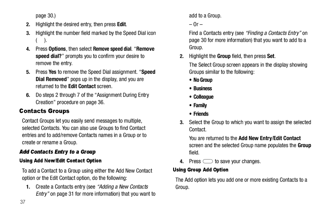 Samsung GH68-25489A user manual Contacts Groups, Add Contacts Entry to a Group, Add to a Group 