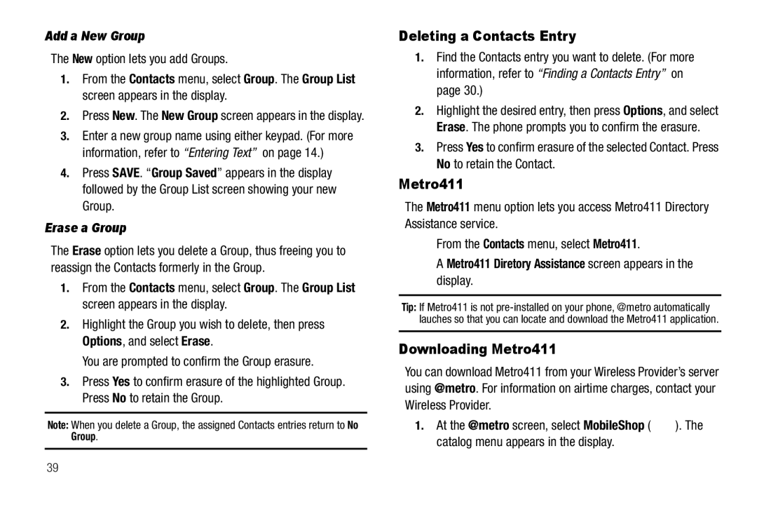 Samsung GH68-25489A user manual Deleting a Contacts Entry, Downloading Metro411, Add a New Group, Erase a Group 