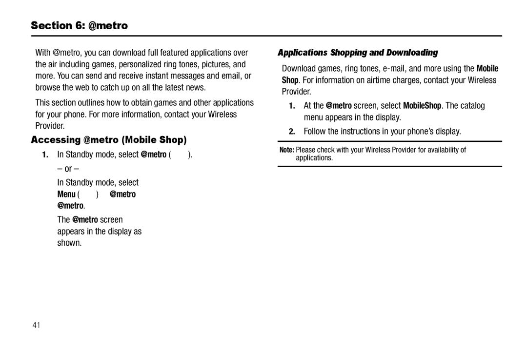 Samsung GH68-25489A user manual Accessing @metro Mobile Shop, Menu @metro @metro, Applications Shopping and Downloading 