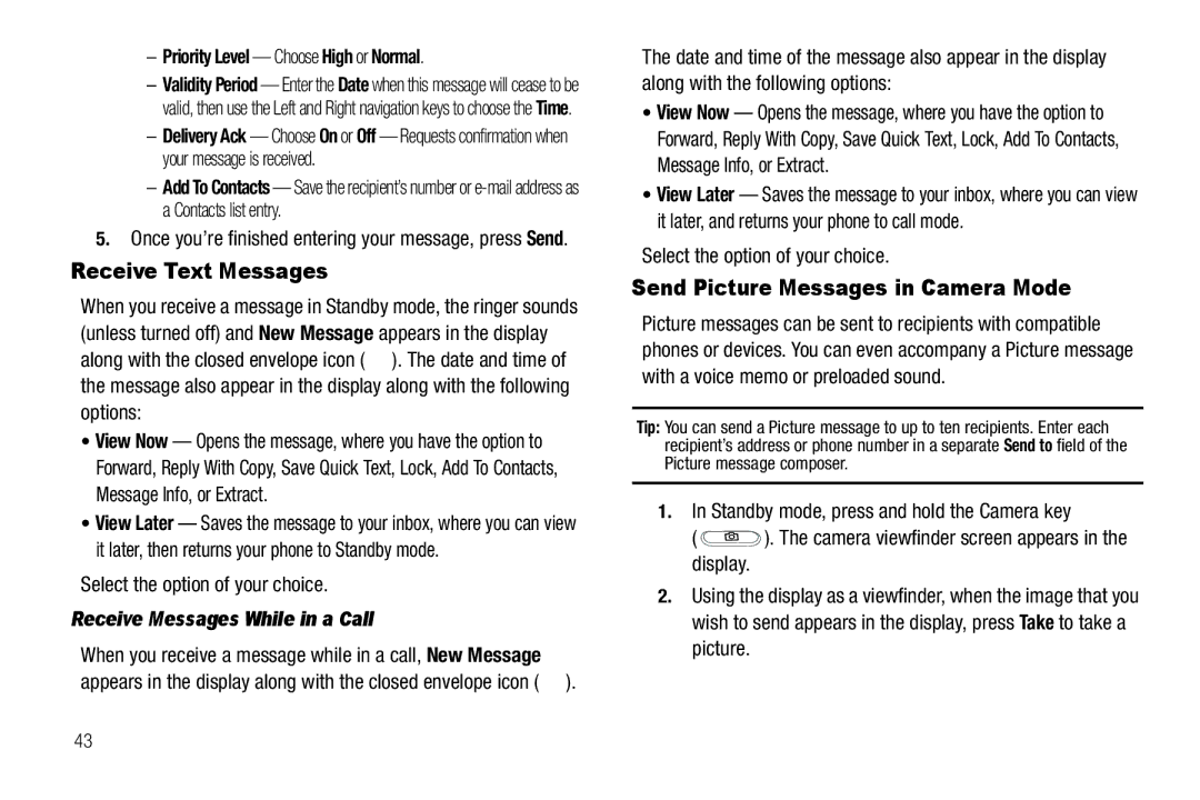 Samsung GH68-25489A Receive Text Messages, Send Picture Messages in Camera Mode, Priority Level Choose High or Normal 