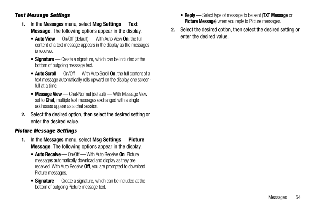 Samsung GH68-25489A user manual Text Message Settings, Picture Message Settings 