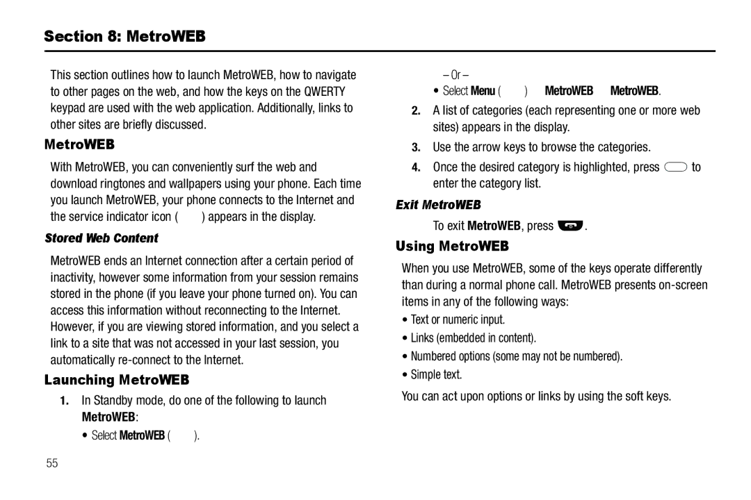 Samsung GH68-25489A user manual Launching MetroWEB, Using MetroWEB 