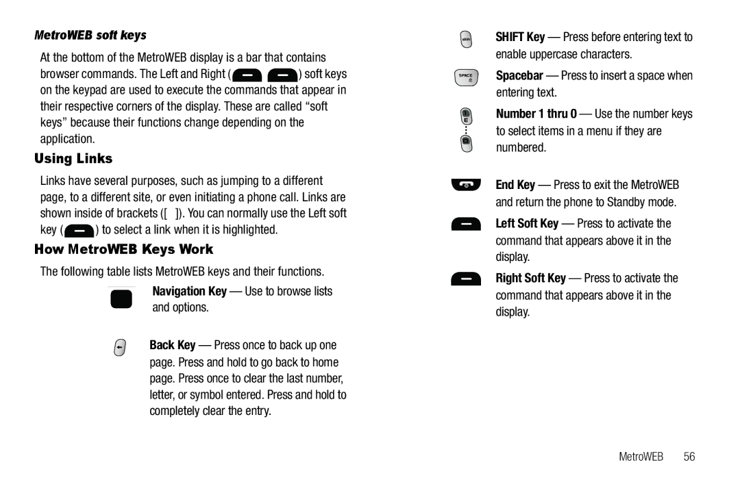 Samsung GH68-25489A user manual Using Links, How MetroWEB Keys Work, MetroWEB soft keys 