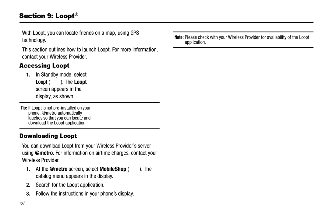 Samsung GH68-25489A user manual Accessing Loopt, Downloading Loopt, Standby mode, select, Display, as shown 