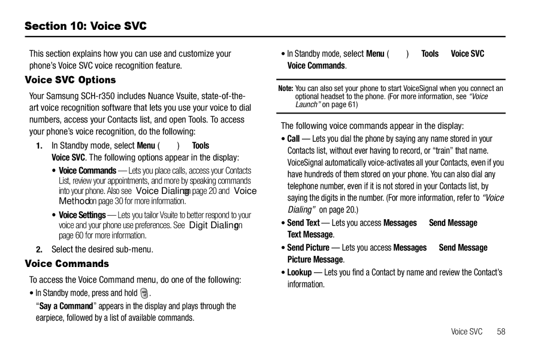 Samsung GH68-25489A user manual Voice SVC Options, Standby mode, select Menu Tools Voice SVC Voice Commands 