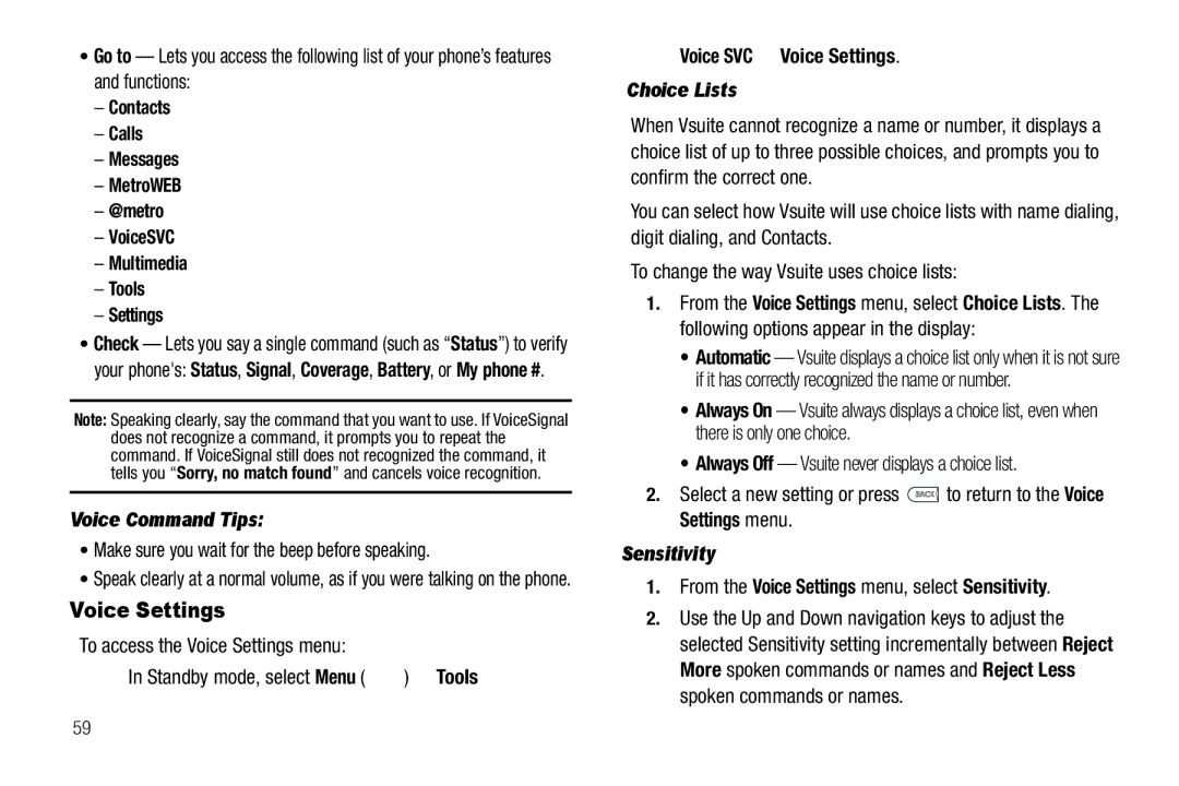 Samsung GH68-25489A user manual Voice Settings, Voice Command Tips, Choice Lists, Sensitivity 