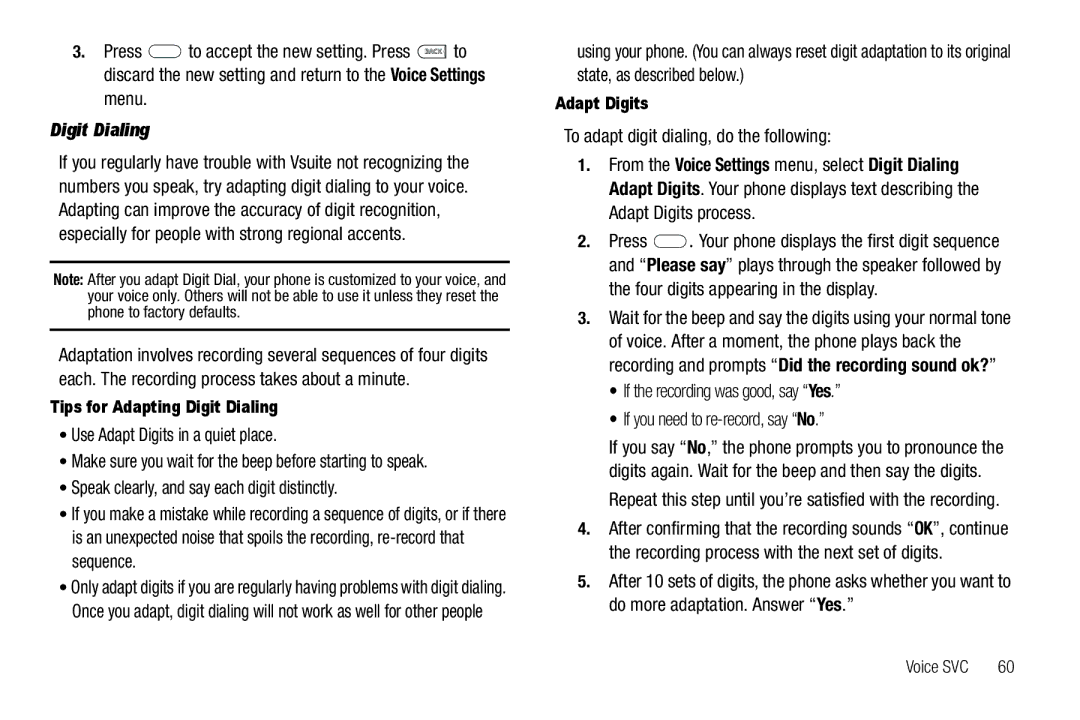 Samsung GH68-25489A user manual Digit Dialing, Use Adapt Digits in a quiet place, To adapt digit dialing, do the following 