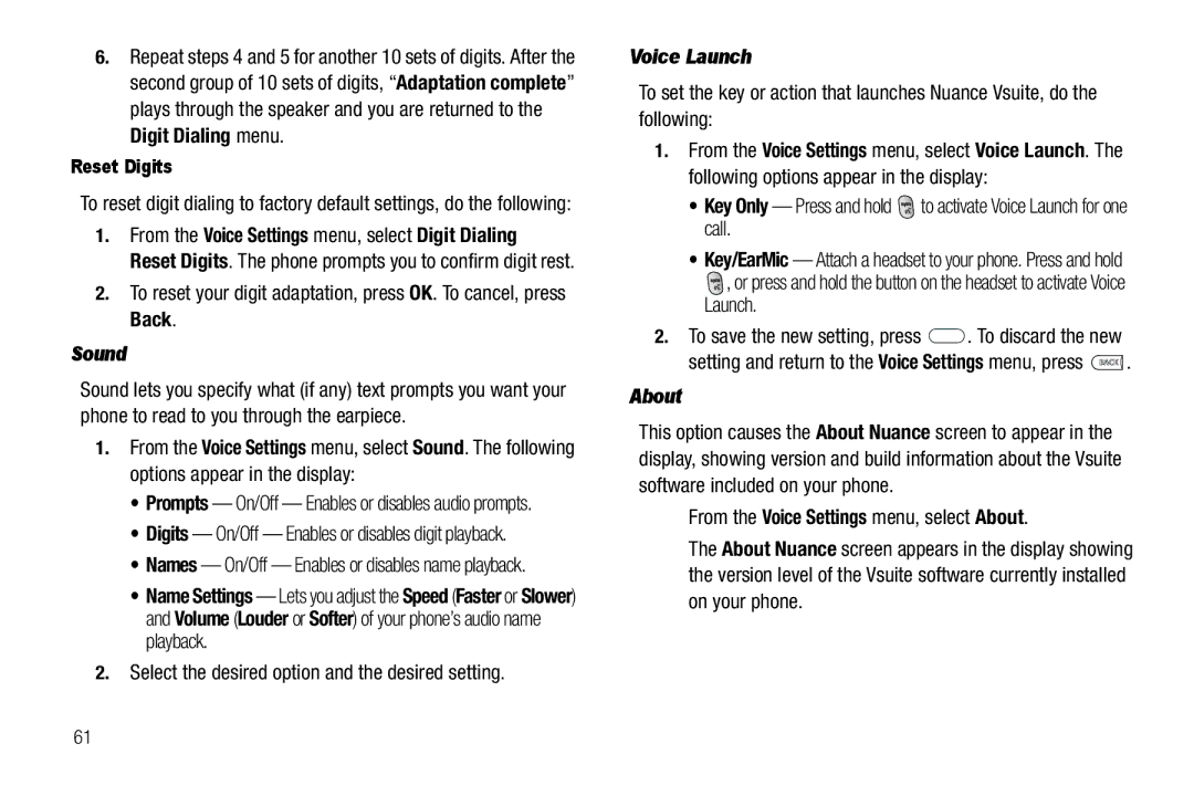 Samsung GH68-25489A user manual Sound, Select the desired option and the desired setting, Voice Launch, About, Reset Digits 