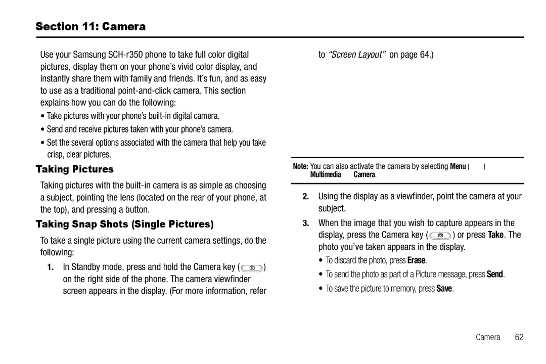 Samsung GH68-25489A user manual Camera, Taking Pictures, Taking Snap Shots Single Pictures 