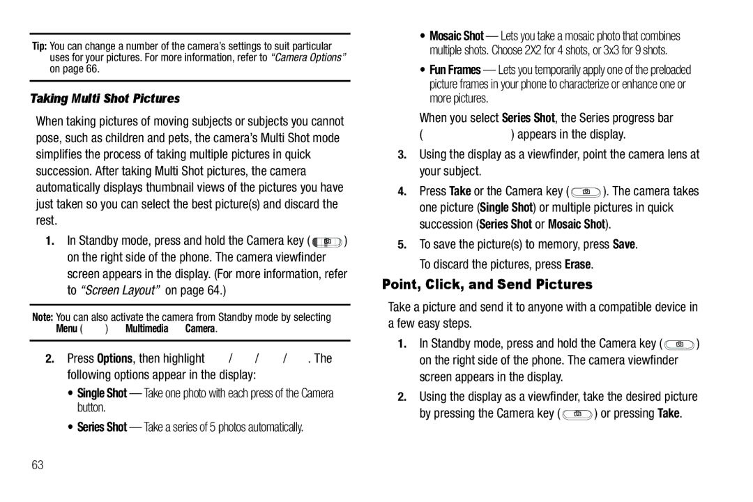 Samsung GH68-25489A user manual Point, Click, and Send Pictures, Taking Multi Shot Pictures, Screen appears in the display 