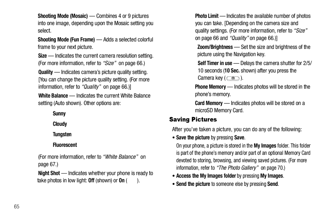 Samsung GH68-25489A user manual Saving Pictures, Sunny Cloudy Tungsten Fluorescent, Save the picture by pressing Save 