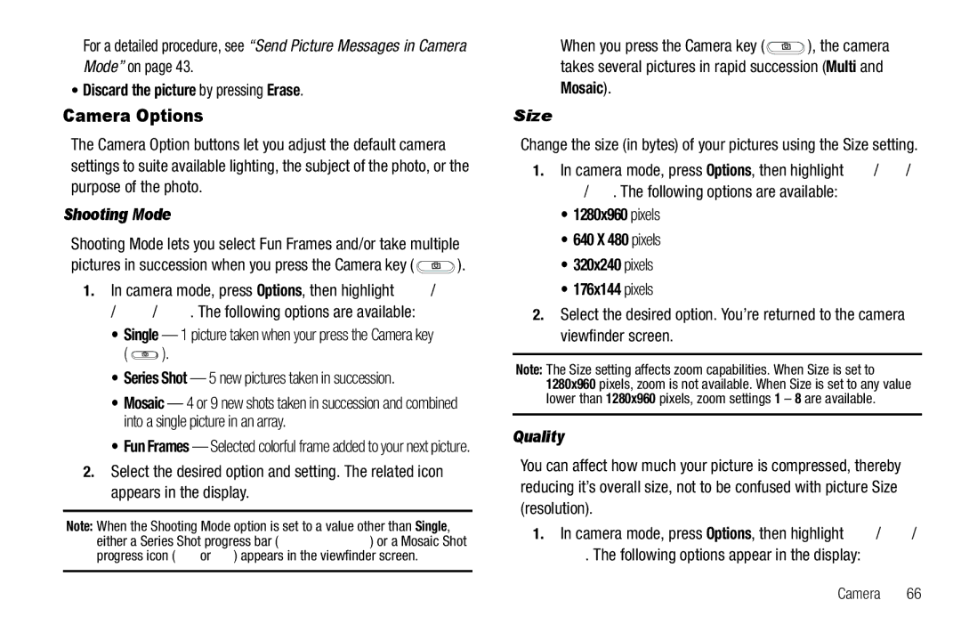 Samsung GH68-25489A user manual Camera Options, Discard the picture by pressing Erase, Shooting Mode, Size, Quality 