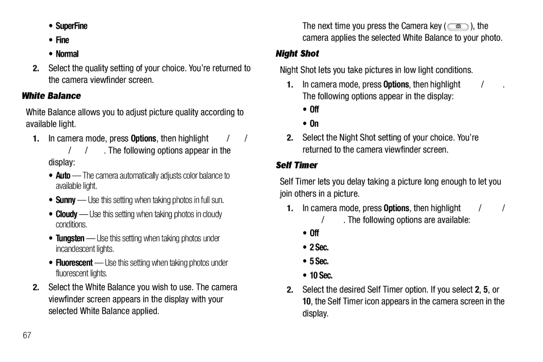 Samsung GH68-25489A user manual White Balance, Night Shot, Self Timer 