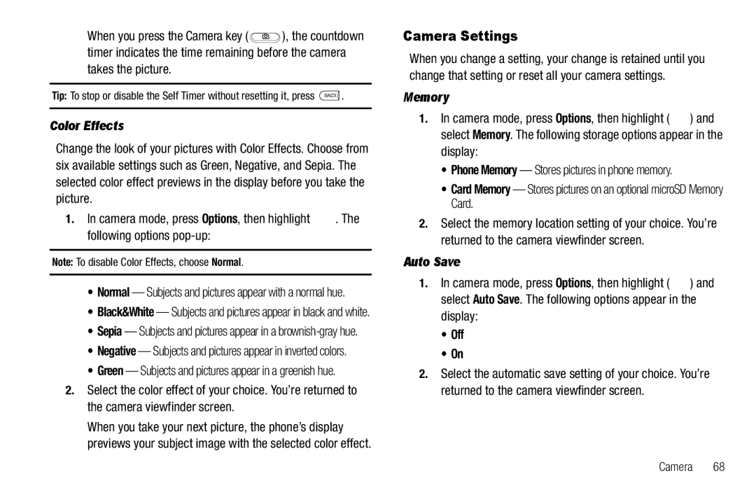 Samsung GH68-25489A user manual Camera Settings, Color Effects, Memory, Display, Auto Save 