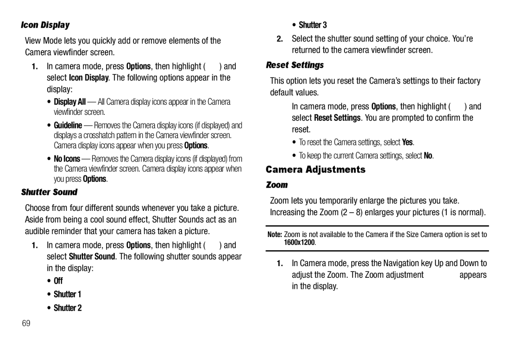 Samsung GH68-25489A user manual Camera Adjustments, Icon Display, Shutter Sound, Reset Settings, Zoom 