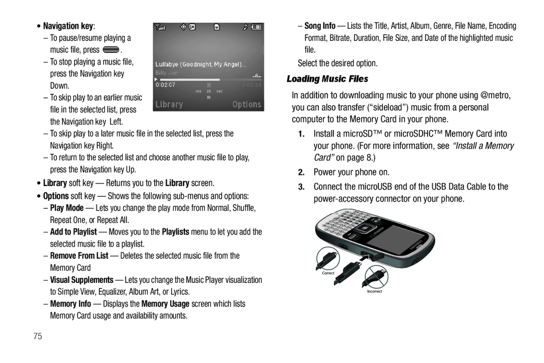 Samsung GH68-25489A user manual Navigation key, To pause/resume playing a Music file, press, Loading Music Files 