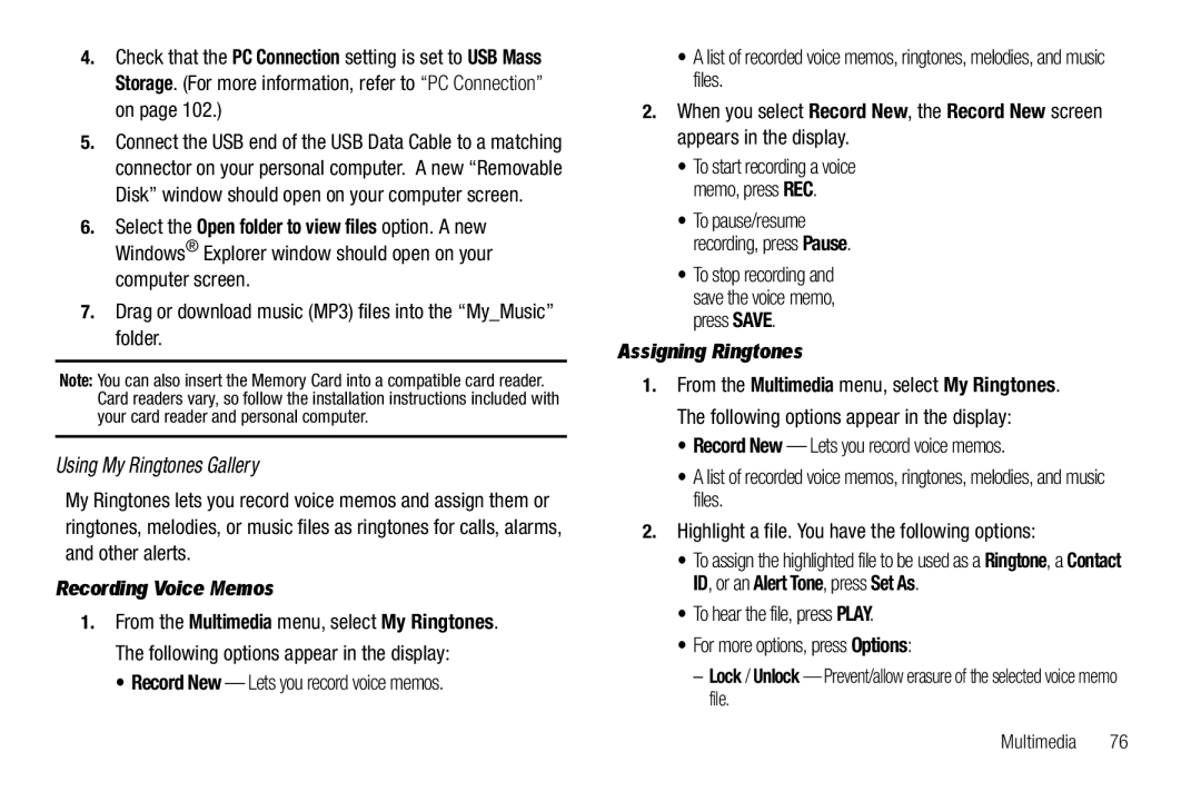 Samsung GH68-25489A user manual Using My Ringtones Gallery, Recording Voice Memos, Assigning Ringtones 