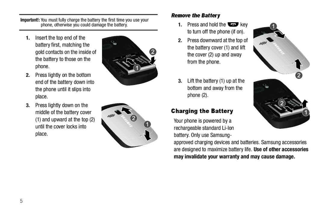 Samsung GH68-25489A user manual Charging the Battery, Remove the Battery, May invalidate your warranty and may cause damage 