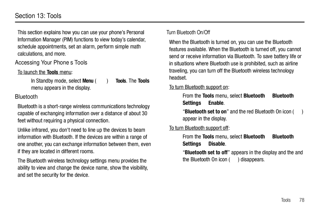 Samsung GH68-25489A user manual Accessing Your Phone’s Tools, Turn Bluetooth On/Off 