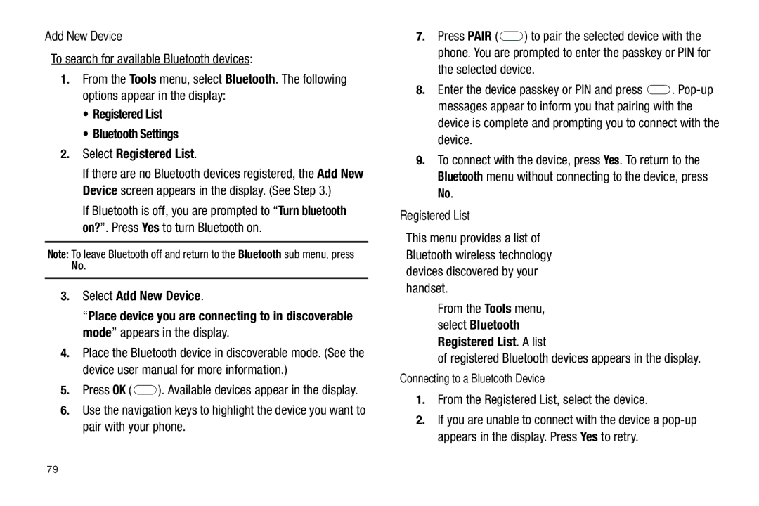 Samsung GH68-25489A user manual Add New Device, To search for available Bluetooth devices, Registered List 