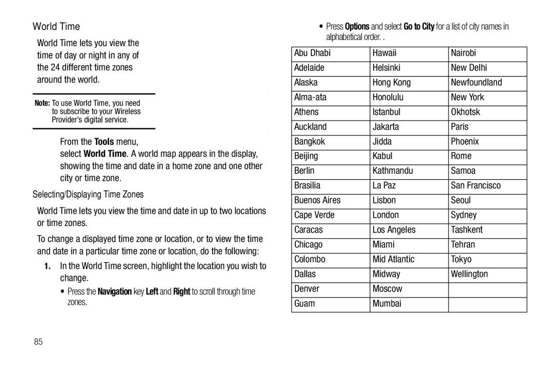 Samsung GH68-25489A user manual World Time, Selecting/Displaying Time Zones 