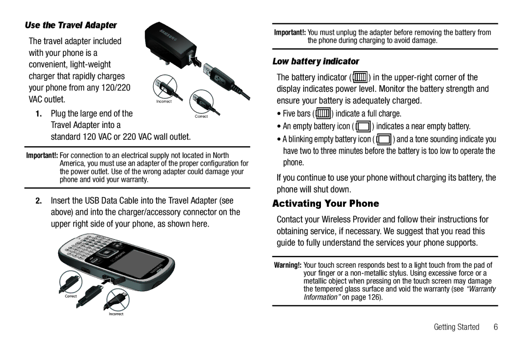 Samsung GH68-25489A user manual Activating Your Phone, Use the Travel Adapter, Plug the large end, Low battery indicator 