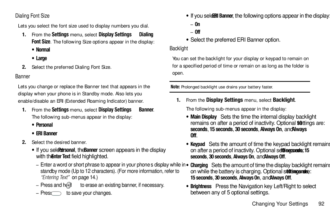 Samsung GH68-25489A user manual Dialing Font Size, Normal Large, Personal ERI Banner, Backlight 