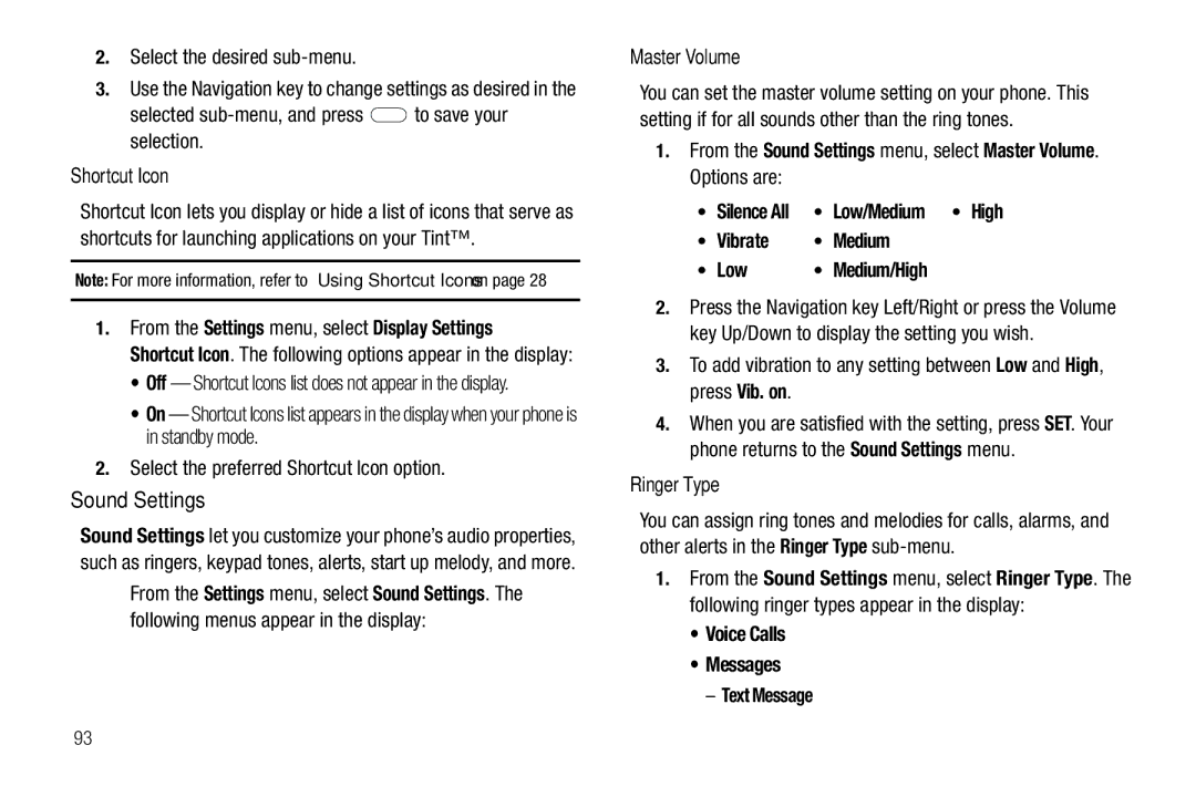 Samsung GH68-25489A user manual Sound Settings, Shortcut Icon, Master Volume, Ringer Type 