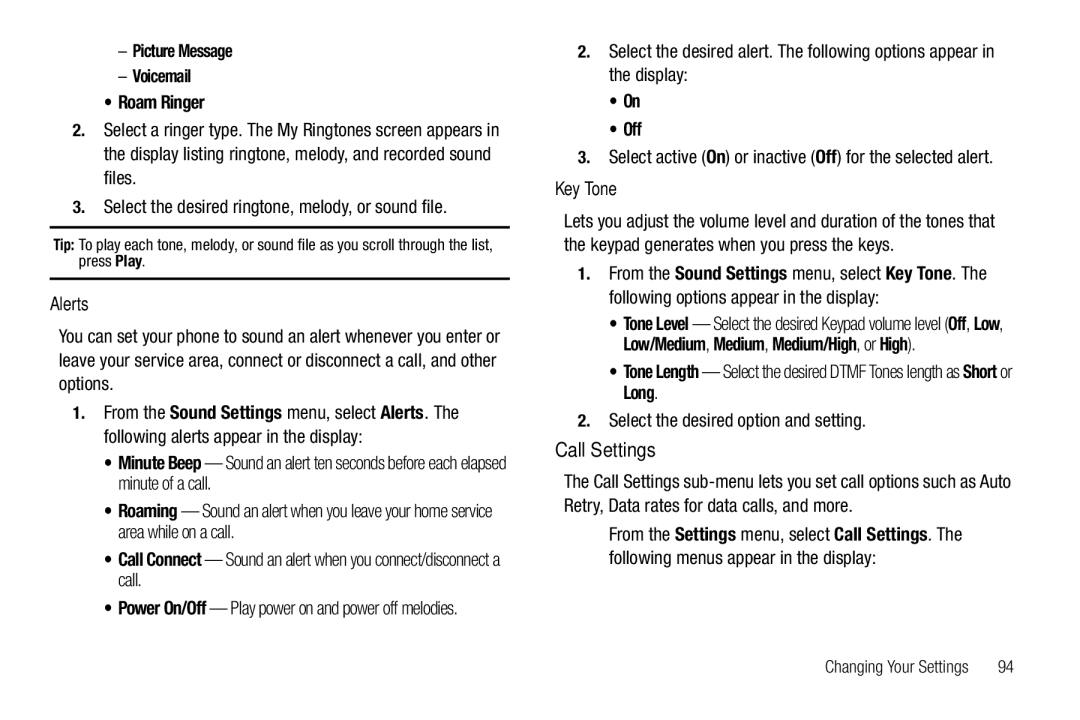 Samsung GH68-25489A user manual Call Settings, Picture Message Voicemail Roam Ringer, Alerts, Key Tone 