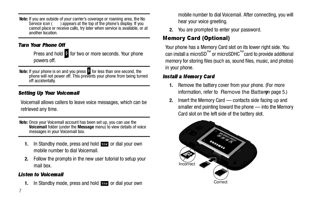 Samsung GH68-25523A user manual Memory Card Optional, Turn Your Phone Off, Setting Up Your Voicemail, Listen to Voicemail 