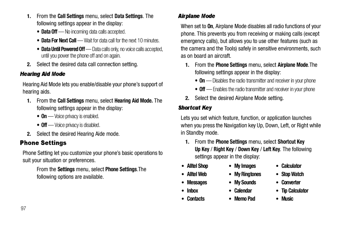 Samsung GH68-25523A user manual Phone Settings, Hearing Aid Mode, Airplane Mode, Shortcut Key 