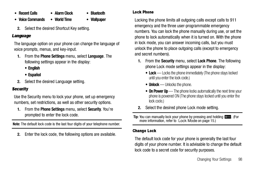 Samsung GH68-25523A user manual Recent Calls Alarm Clock, World Time, Language, English Español, Security 