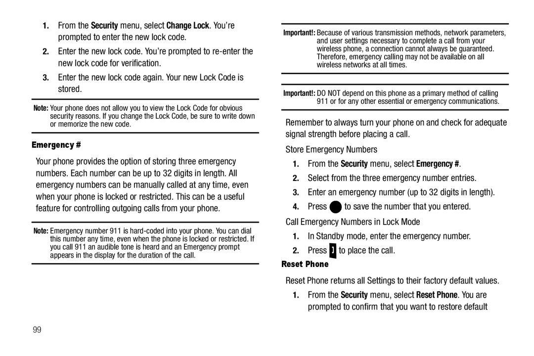 Samsung GH68-25523A user manual Emergency #, Enter an emergency number up to 32 digits in length, Reset Phone 