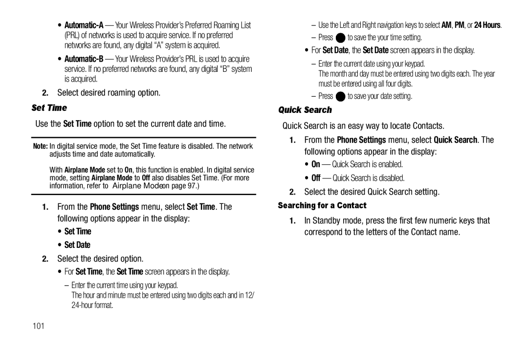 Samsung GH68-25523A user manual Set Time Set Date, Quick Search 